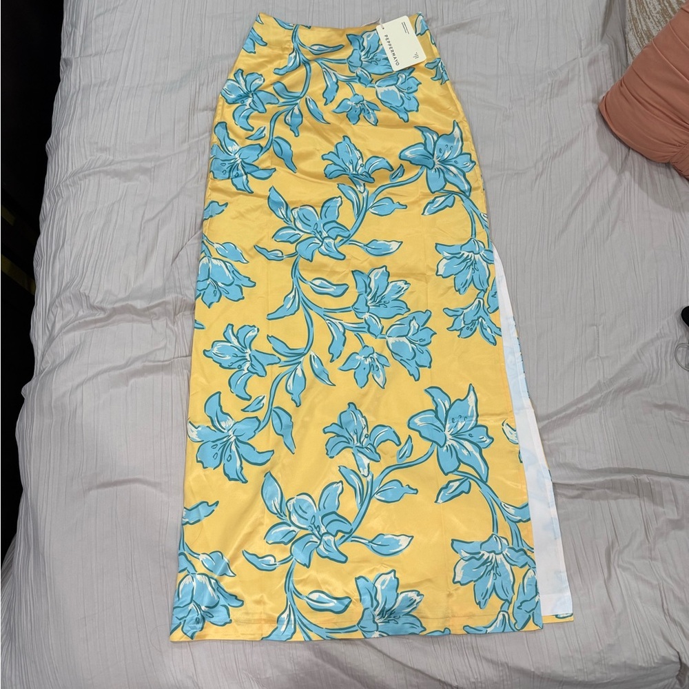 Peppermayo Yellow and Blue Maxi Pencil Skirt with Slit
